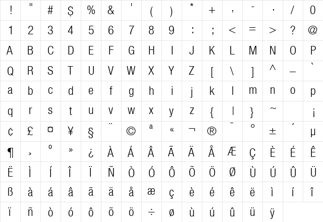 HeaveneticaCond4 LtSH  glyph index