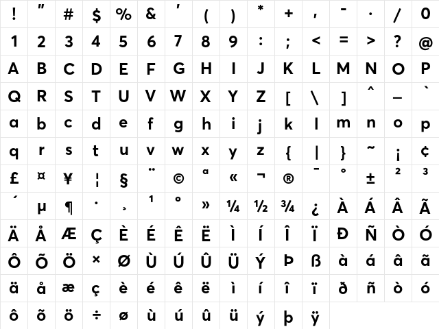 Averta Bold  glyph index