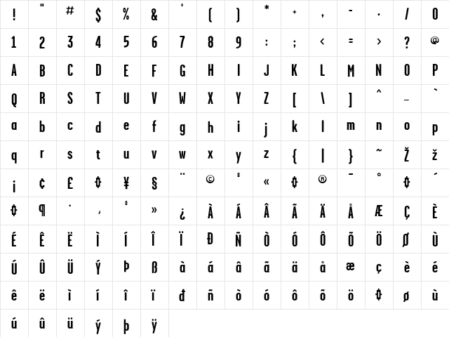 Garage Regular  glyph index