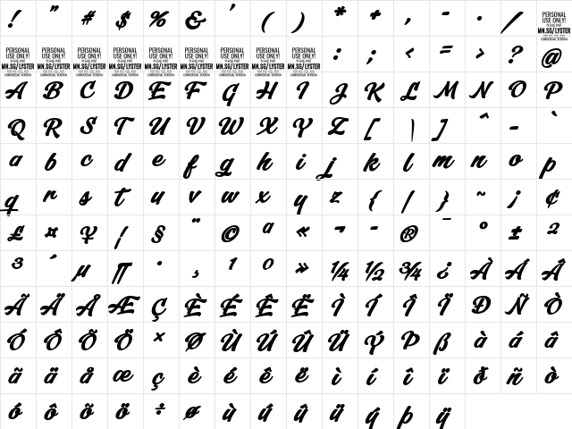 Lyster Bold PERSONAL USE ONLY Regular  glyph index