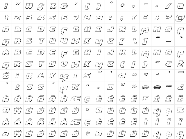 Heavy Copper 3D Italic Italic  glyph index