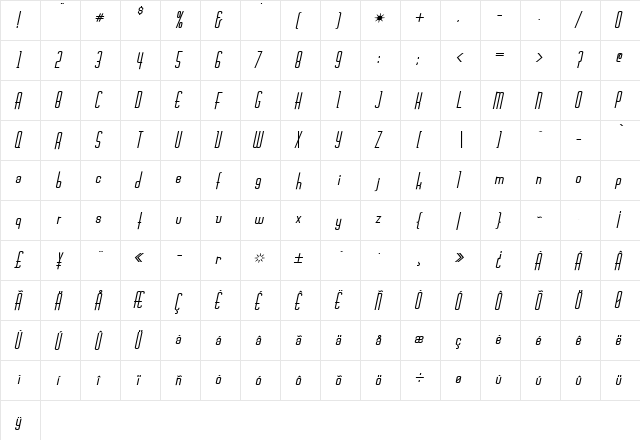 Chasline Bold Italic  glyph index