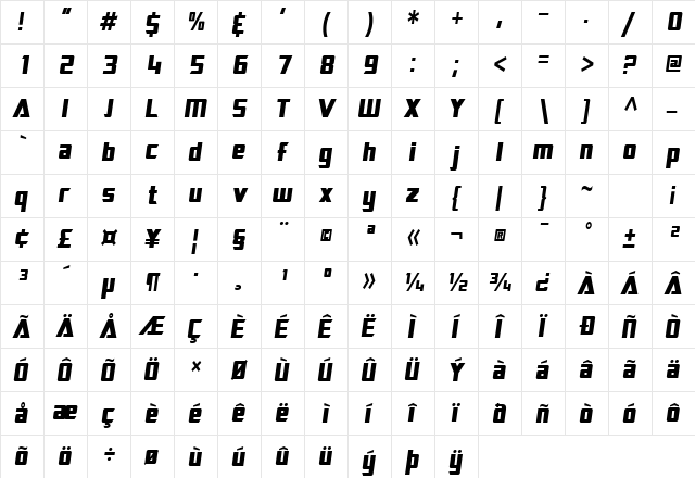 SF TransRobotics Condensed Oblique  glyph index