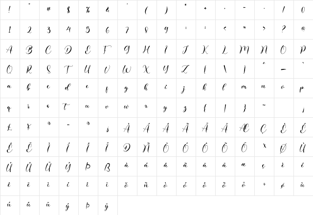 Motherlove Regular  glyph index
