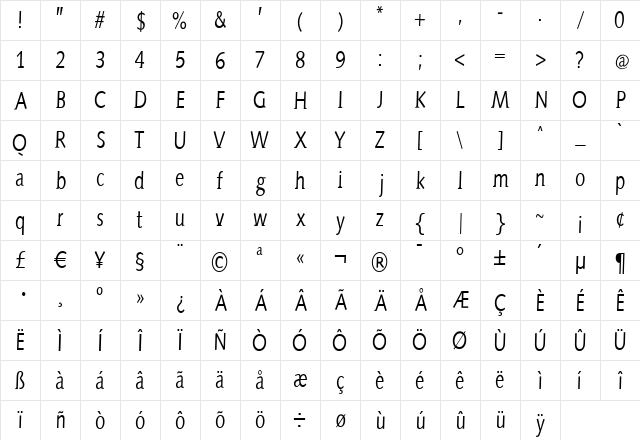 AidaSerifa-Condensed Regular  glyph index