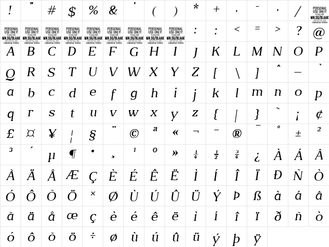 Blaak Thin PERSONAL USE Italic  glyph index
