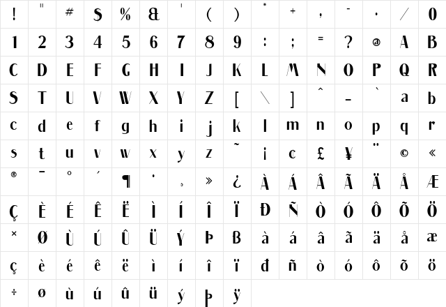 Massenet SemiBold Bold  glyph index