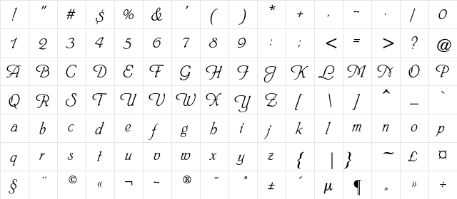 HeinrichScriptC Regular  glyph index