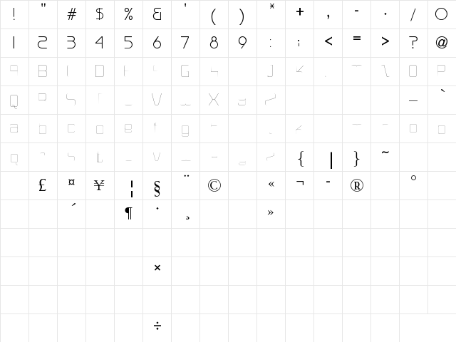 Versaniah_Thin Regular  glyph index