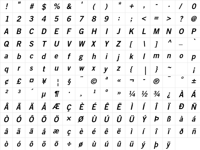 Trade Gothic LT Std Bold No. 2 Oblique  glyph index