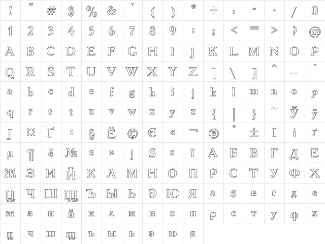 Academy Ho Regular  glyph index
