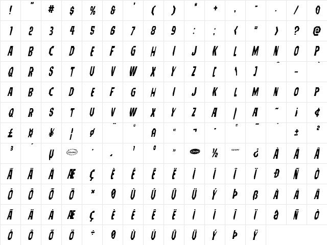Hitchblock Italic Italic  glyph index