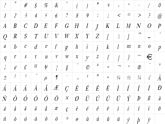 BlissThin Italic  glyph index
