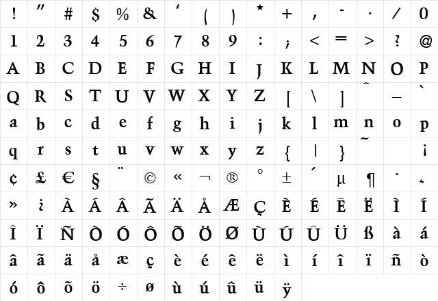 Troubadour Bold  glyph index