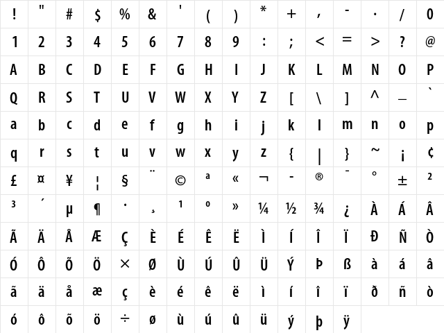 Myriad Semibold Condensed  glyph index