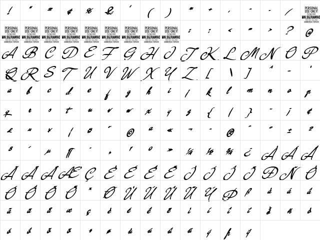 Kanvas Black PERSONAL USE Regular  glyph index