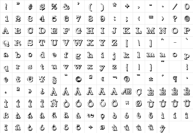 JamesBeckerShadow Regular  glyph index