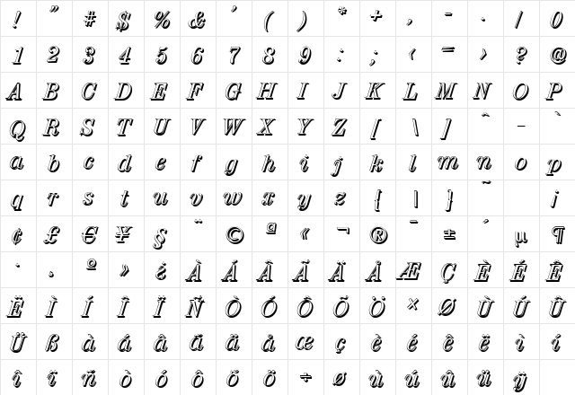 ValenciaShadow Italic  glyph index