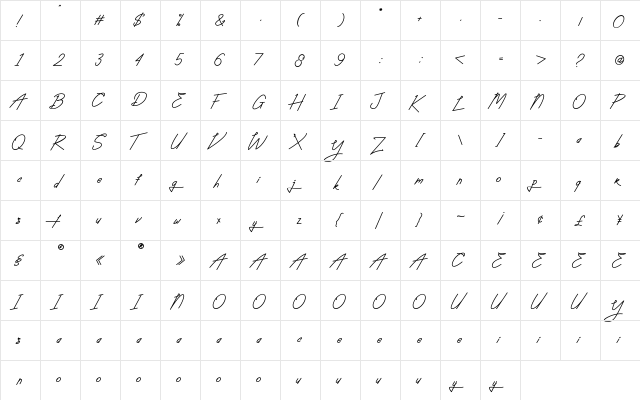 Absolute Neon Script Regular  glyph index