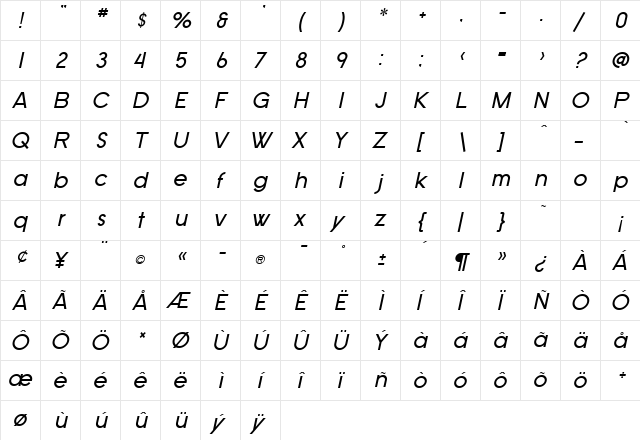 SF Old Republic Italic  glyph index