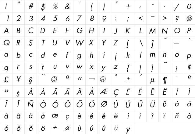 FuturaICG BookOblique  glyph index