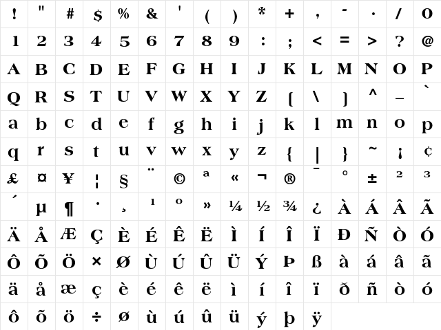 Americana Extra Bold  glyph index