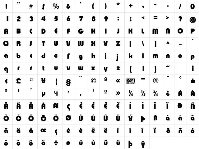 XpressiveBlack Regular  glyph index