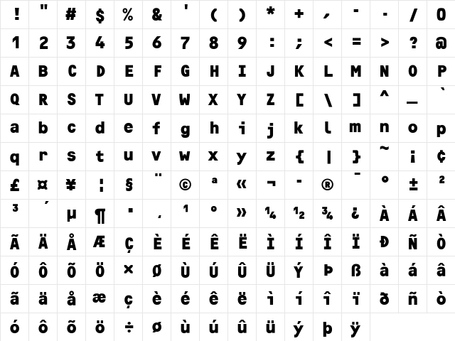 OCRF Bold  glyph index