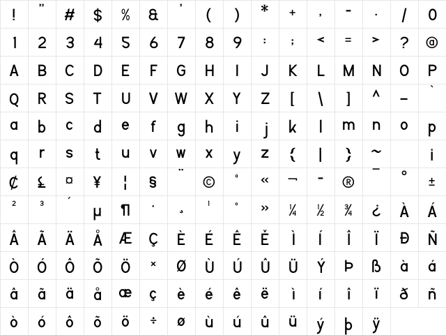 Flaunters Regular  glyph index