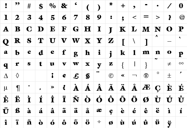 MatthewUltra Regular  glyph index