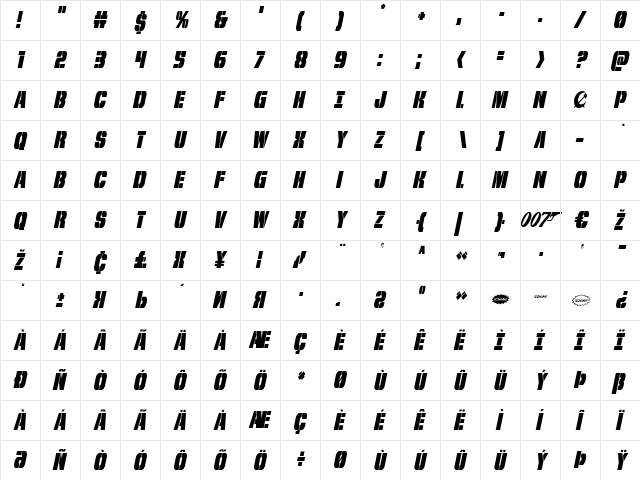 From BOND With Love Condensed Italic Condensed Italic  glyph index