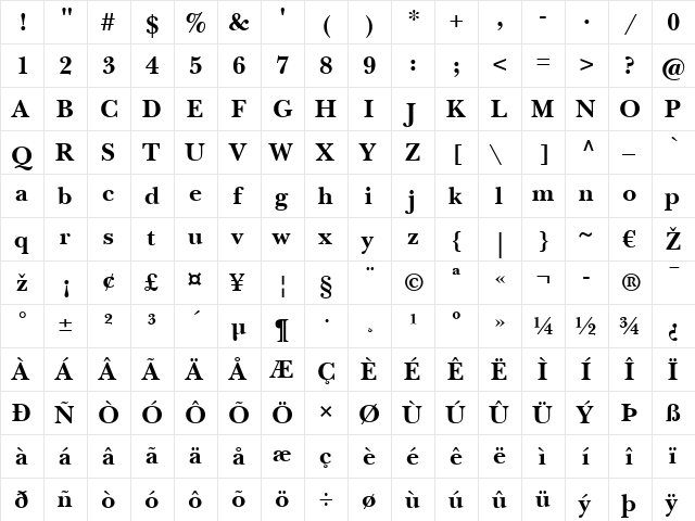 NewBaskerville LT Bold  glyph index