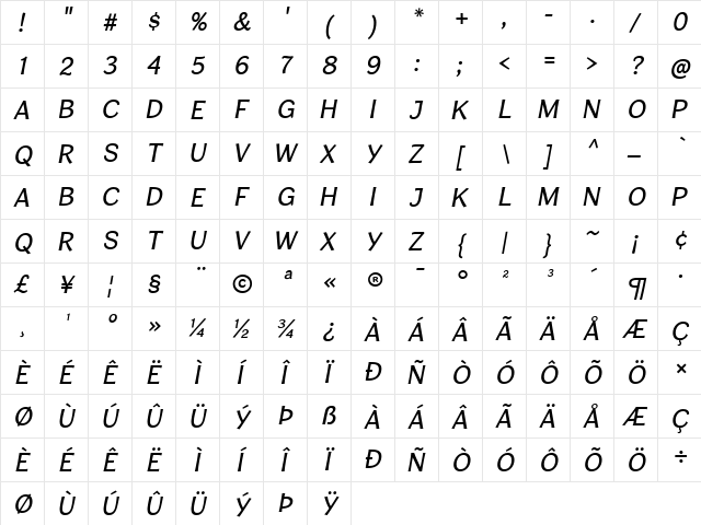 Cardigan Titling Italic  glyph index