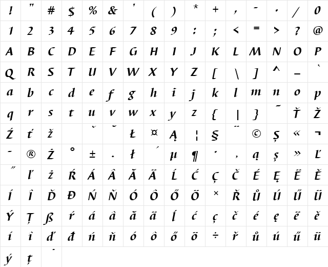 BarbedorTEE Bold Italic  glyph index