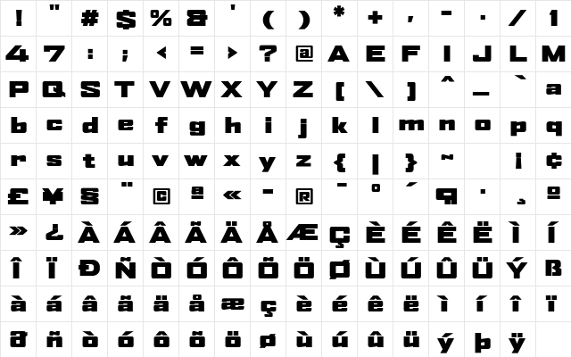 AgencyFB Black Extended Regular  glyph index