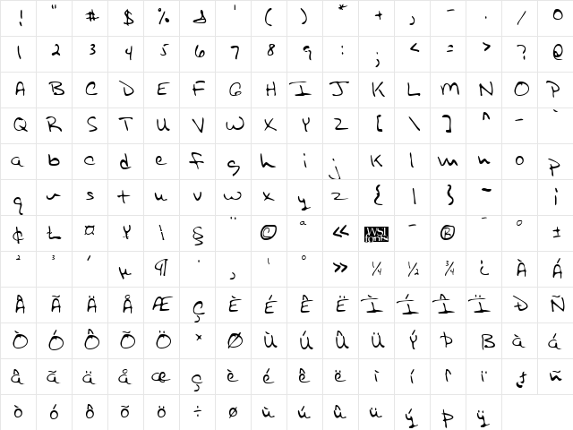 SammysHand Regular  glyph index