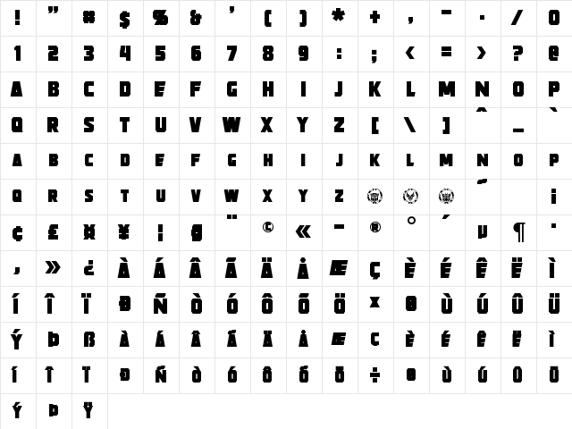 Strongarm Bold  glyph index