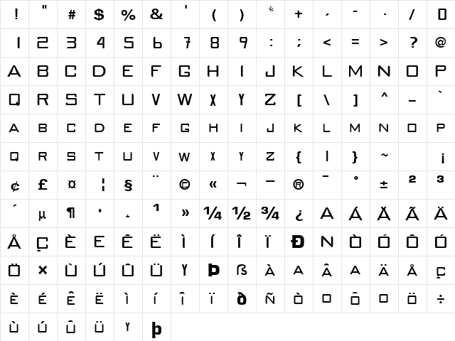 Main Regular  glyph index