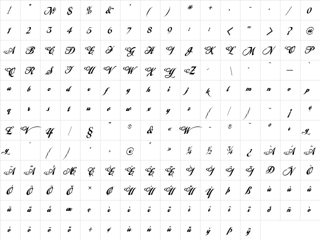 LHF Tideway Classic Script Regular  glyph index