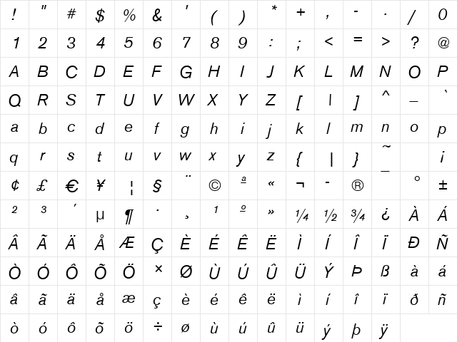 Ancona Italic  glyph index