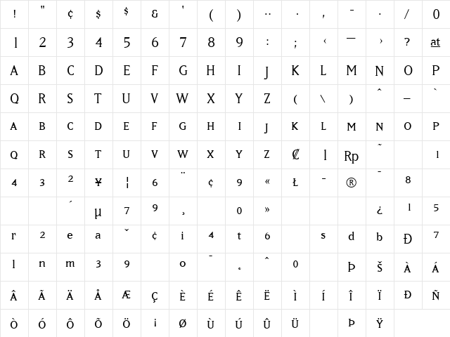 MatrixBookSmallCaps Regular  glyph index
