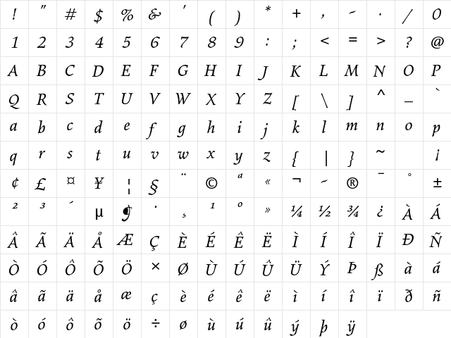 Elysium Std Book Italic  glyph index
