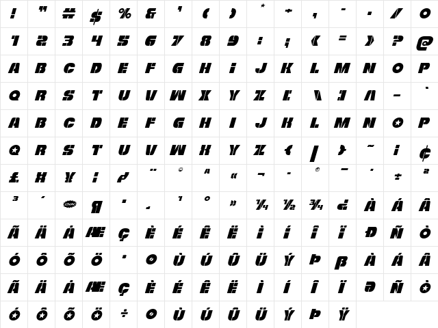 Freedom Fighter Italic Italic  glyph index