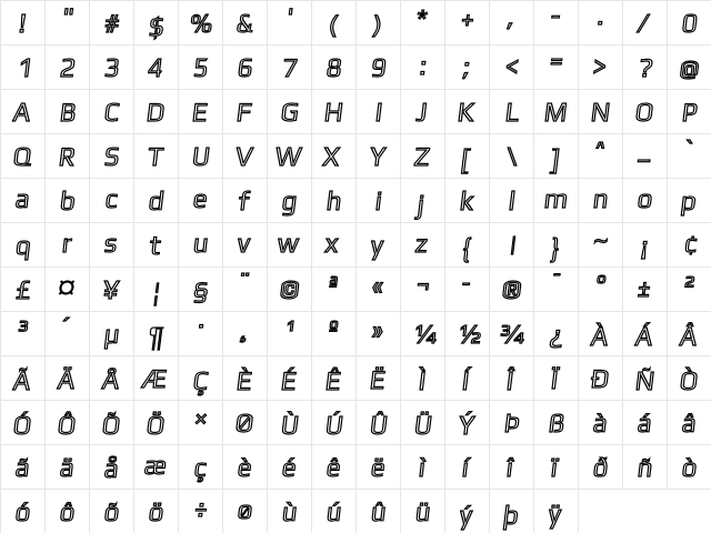 Gamestation Text Outline Italic  glyph index