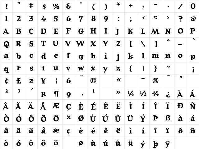 JournalBoldLining Bold  glyph index
