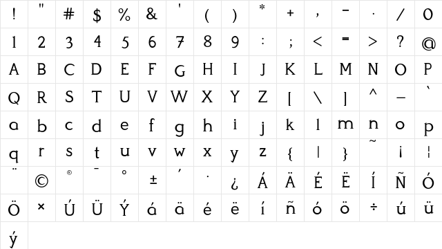 Perspicacious Regular  glyph index