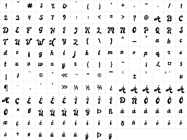 Autolova Regular  glyph index