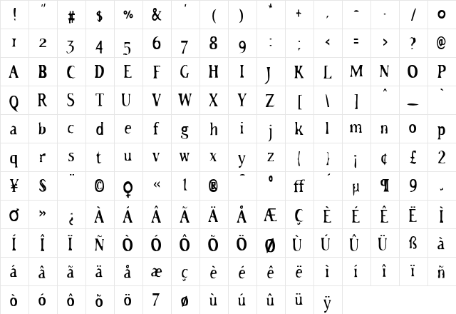 HateNote Regular  glyph index