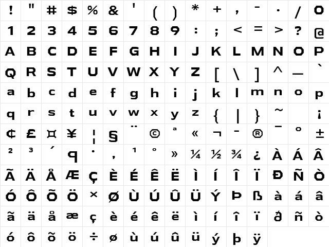 Athabasca Expanded Bold  glyph index