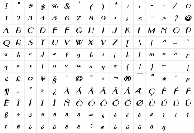 Paris Wide Bold Italic  glyph index